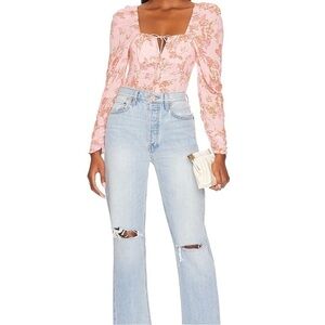 Free People Hilary Floral Printed Smocked Crop Top Pink Combo Size Medium NWT